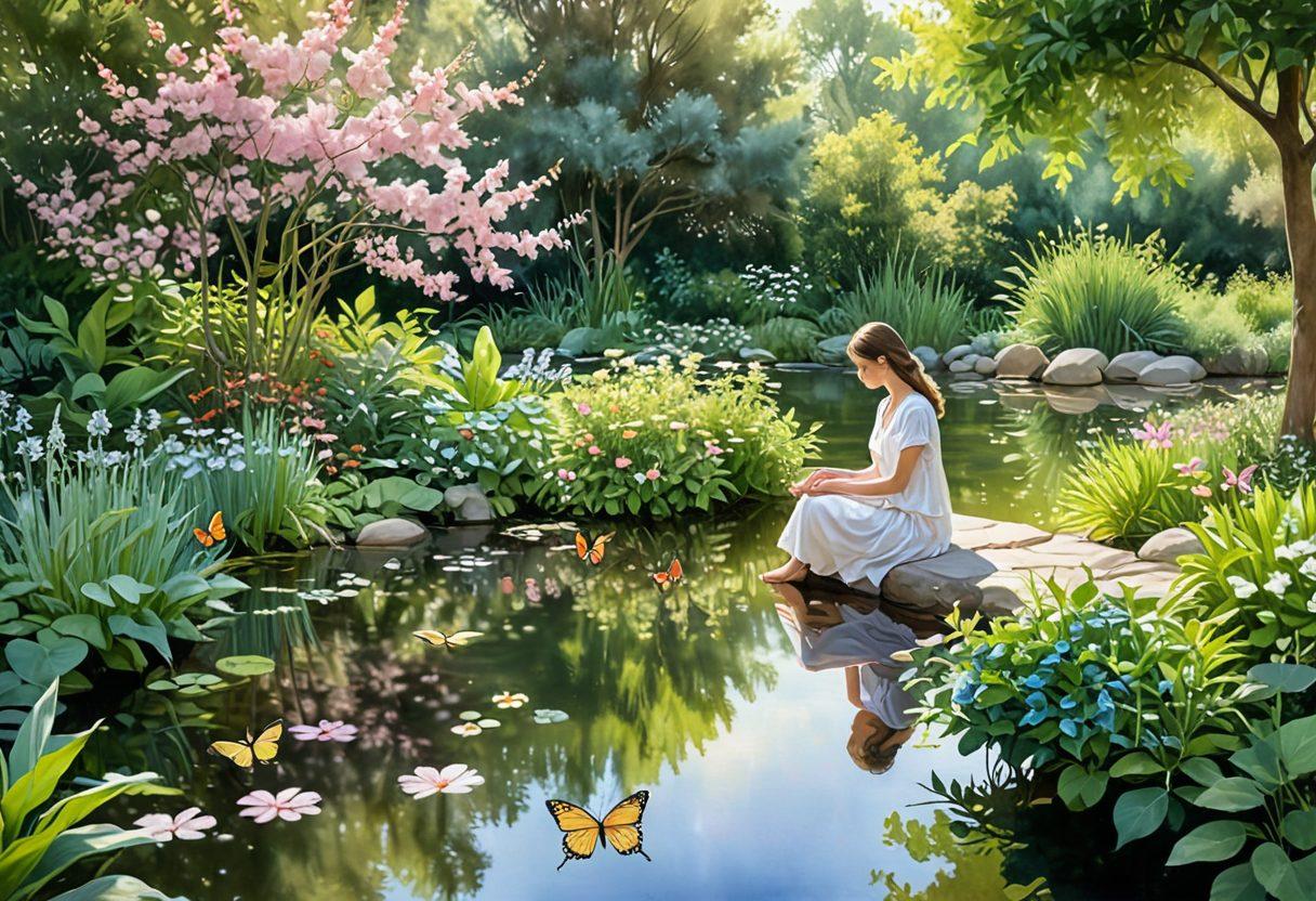 A peaceful garden filled with blooming flowers and a serene pond, where a person is practicing mindfulness amidst nature, radiating joy and tranquility. Surround the scene with warm sunlight filtering through the leaves, and include soft pastel colors to evoke a sense of calm and happiness. Add whimsical butterflies fluttering around to symbolize joy. watercolor painting. vibrant colors.