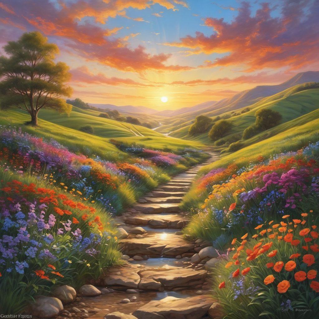 A serene landscape depicting a sunrise over rolling hills, with symbols of positivity like glowing hearts and radiant sun rays, intertwined with musical notes representing Wilko Johnson's influence. A gentle stream flowing through the scene, reflecting vibrant colors that evoke a sense of joy and well-being. Bright flowers blossoming along the path symbolize growth and hope. super-realistic. vibrant colors. peaceful atmosphere.
