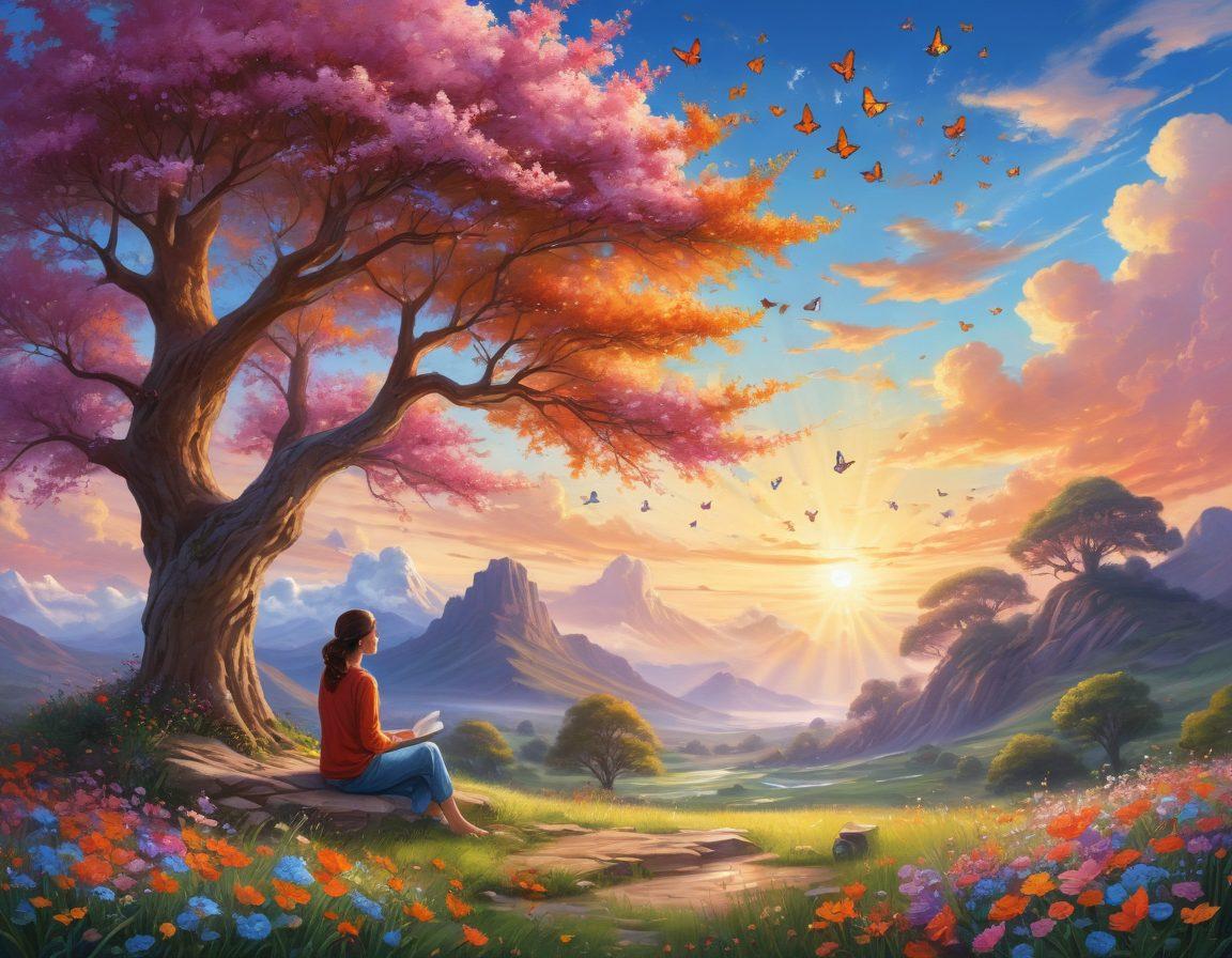 A serene scene depicting a person sitting peacefully under a sunlit tree, surrounded by blooming flowers and butterflies, symbolizing joy and tranquility. In the background, a vibrant sky with soft clouds enhances the feeling of happiness. Include subtle elements such as a journal and a cup of tea to imply reflection and self-care. super-realistic. vibrant colors. peaceful atmosphere.